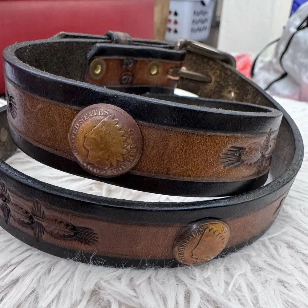 Southwick Leathers Vintage Indian Head Penny Coin Hand Tooled Leather Belt Sz 26